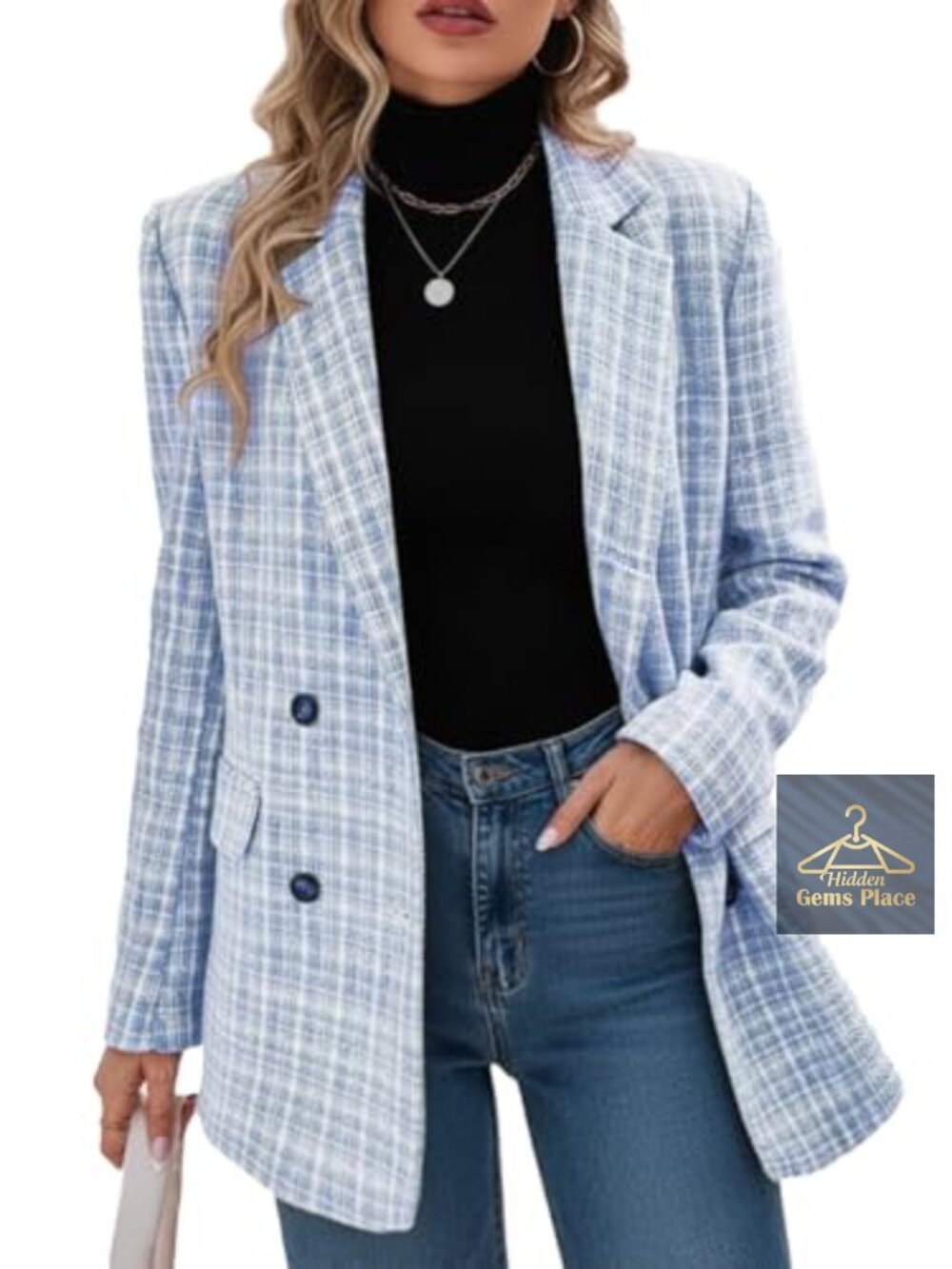 Plaid Tweed Blazer Jacket Women Open Front Loose Fit Pocket Suit Coat